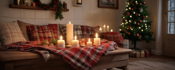 Cozy Christmas scene with wooden farmhouse decor, candles, and a plaid blanket, wooden, cozy