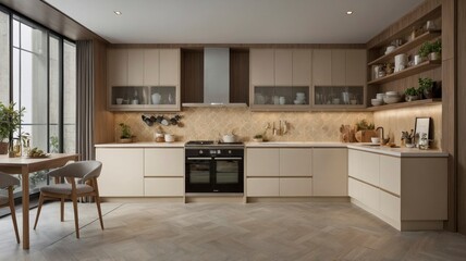 Modern Beige Kitchen Design: L-Shaped Cabinets, Herringbone Floor