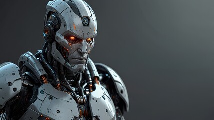 AI technology, sci fi and cyborg man, futuristic robot or fantasy warrior character for RPG, gaming or cyberpunk. Studio machine, android transformation or robotic humanoid model on grey background