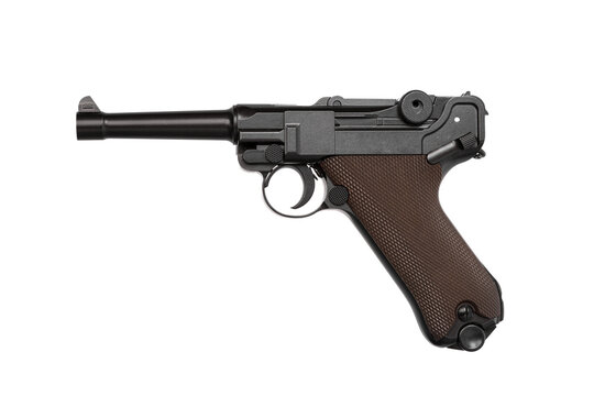 A classic Luger P08 pistol, isolated on a white background.