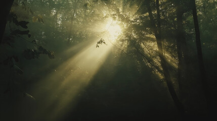 Obraz premium Sun rays shining through the trees forest.