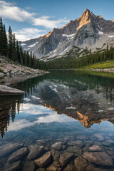 Obraz premium Rocky mountain peak reflected in a crystal-clear lake, mirror image