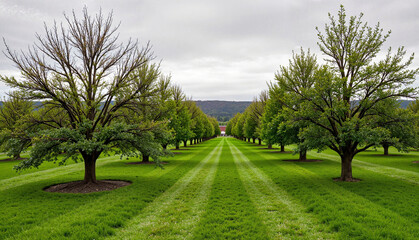 Fototapeta premium Cherry Tree Pruning. Symmetrical cherry orchard rows with pruned trees, serene landscape