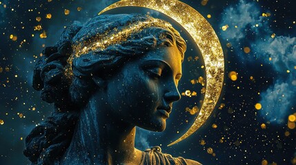 Close-up view of Selene statue with flowing gold and digital starry skies