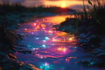 Fototapeta premium Sunset Glow Illuminates Sparkling Stream Water