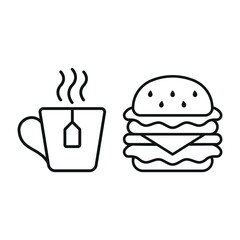 Tea mug drink and hamburger food icon with a crisp and elegant outline characterized by thin strokes and simplicity