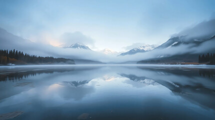 Fototapeta premium Fine Art Photograph - Rocky Mountains' Reflection in Bow River, Thick Fog, Soft Contrast, and AP-Style Editorial Atmosphere