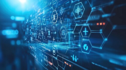 Digital hexagon backgrounds tailored for medical themes integrating AI and tech elements.