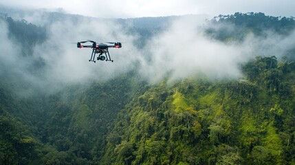 Fototapeta premium Drone technology capturing carbon data in inaccessible mountainous forests.
