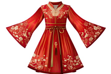 Crimson Elegance: A stunning red dress adorned with intricate gold embroidery, featuring wide bell sleeves and a cinched waist, evokes a sense of timeless grace and festive charm. 