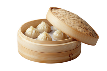 Steamed Soup Dumplings: A delectable serving of  xiaolongbao, delicately pleated soup dumplings, steaming gently in a traditional bamboo steamer, ready to be savored.