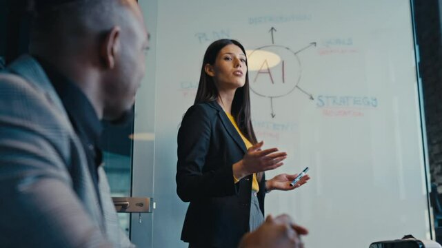 Businesswoman presenting a strategy focused on artificial intelligence during a corporate meeting. Concept of AI integration, innovation, and teamwork in professional environments