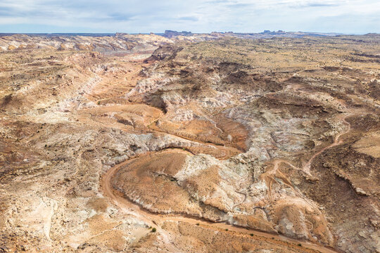 Aerial drone view of rugged terrain in Hanksville, Utah