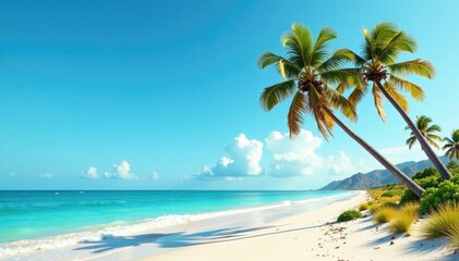 Obraz premium Desert sea coast with a few palm trees swaying in the wind against a clear blue summer sky, sway, palm tree