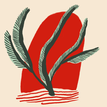 Stylized illustration of abstract green plants on red