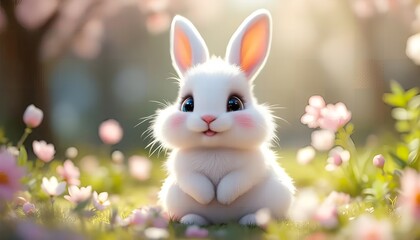 Adorable White Bunny in a Spring Meadow: A Digital Artwork of Innocence and Serenity