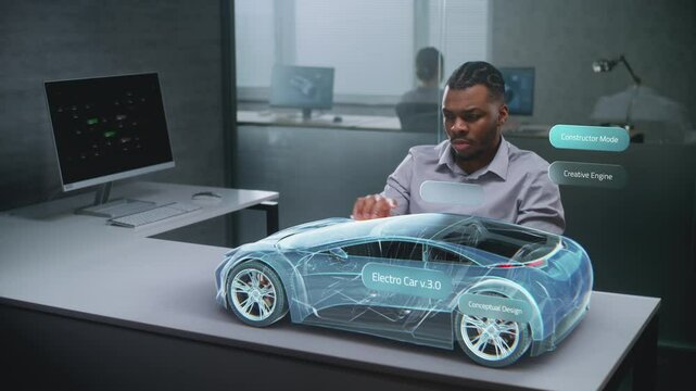 African American Automotive Engineer Uses Augmented Reality Hologram to Construct 3D Model of High-Tech Electric Vehicle on Li-Ion Battery. Renewable Energy Car Design. Artificial Intelligence Concept