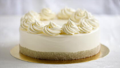 Delicious white chocolate cake topped with creamy frosting. Tasty festive dessert. Sweet food.