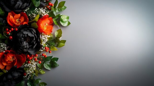 Elegant dark red orange flowers softly lit. AI Generated