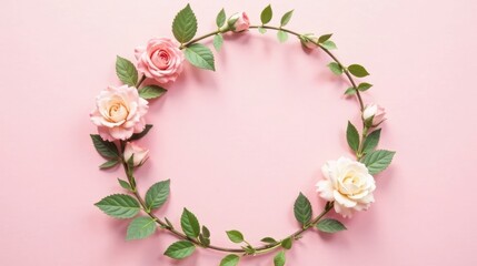 Delicate Pink Roses Arranged in a Circular Wreath on a Soft Pink Background, Perfect for Elegant Invitations or Festive Announcements