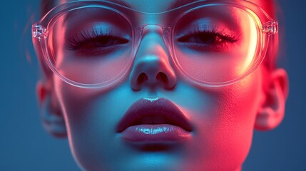 Fototapeta premium Fashionable woman wearing translucent pink sunglasses