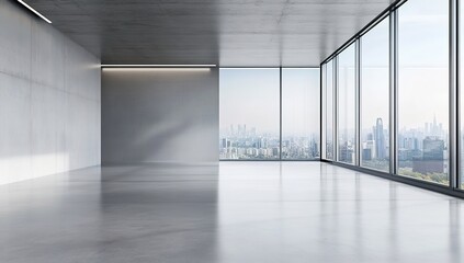 Fototapeta premium Modern, empty concrete room with large windows and a panoramic view. The concrete floor and gray wall background suggest an interior design for a modern office or warehouse. 