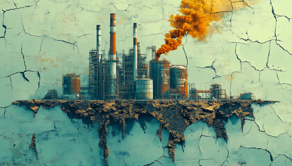 Fototapeta premium Industrial landscape seen through a cracked wall, representing pollution, urbanization, and environmental impact. Concepts related to industry, environmental problems, or urban decay