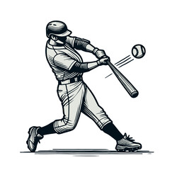 A retro-style monochrome illustration of a baseball player hitting the ball, capturing classic sports action and determination. Great for vintage sports designs. Isolated vector illustration.