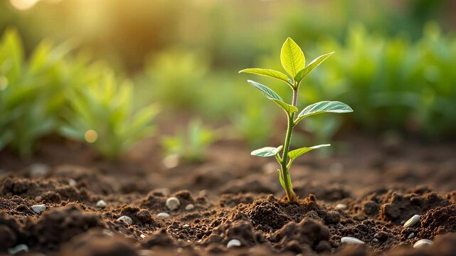 Young green saplings growing in fertile soil at sunrise