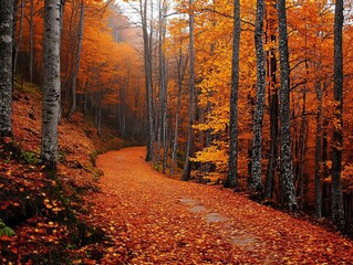 Obraz premium Autumnal path winding through misty forest