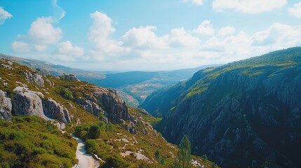 Naklejka premium Mountain valley trail scenic view, hiking path, summer, landscape, travel, nature background, tourism