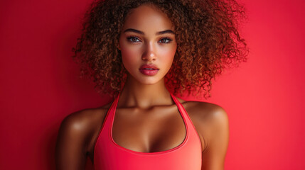 Fototapeta premium A young woman stands with confidence in a fitted coral outfit, showcasing her natural beauty with curly hair. The vivid red backdrop emphasizes her striking features.