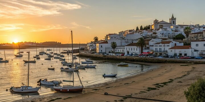 Fishing village of Ferragudo with boats and sailboats at sunset, harbour view, sailing boats, fishing village, ferragudo village, ocean views