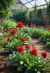 Fleur de artichaut rouge et vert dans le jardin potager, flower garden, greenery, spring flowers