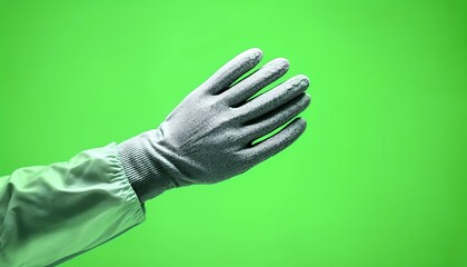 Close-up of a textured white glove on a green screen background, an open palm suggesting offering or support. The image is a studio shot with isolated background, highlighting the glove's texture and 