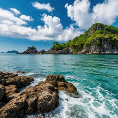 Island green tree mountain and rocks on Sea and blue sky and white cloud beautiful