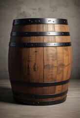 Obraz premium Front view of vintage wooden barrel with iron bands, aged, wine cellar, classic, white background, brewery