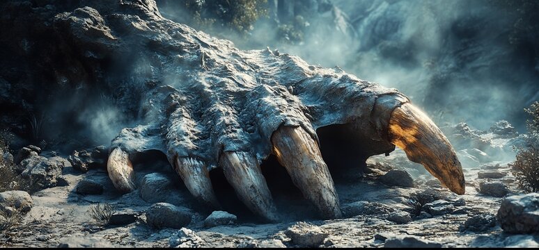 Giant monster claw rests on rocks, misty background, fantasy scene, game asset