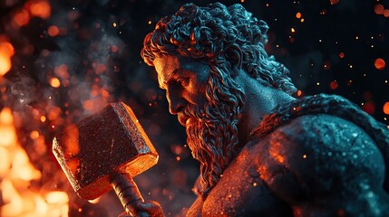 Close-up view of Hephaestus with copper hammer in glowing digital forge