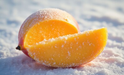 Fresh mango slice on snowy background