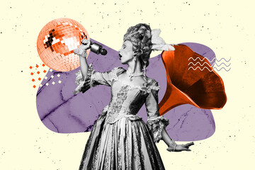 Composite image trend artwork collage of marie antoinette fashion corset opulence lady sing song...