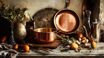 Fototapeta premium Rustic kitchen with copper pots and fresh ingredients