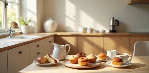 Fototapeta premium A sunlit kitchen scene featuring freshly baked muffins and a steaming cup of coffee on a wooden table