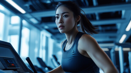 ランニングマシーンでインターバルトレーニングに挑戦する日本人女性