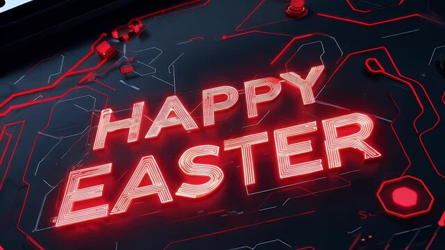 An intricate circuit board glows with red 4k neon lights forming the words &ldquo;Happy Easter &rdquo; combining technology and creativity in festive theme