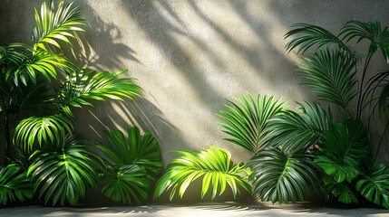 Zielone liście palmy na tle betonowej ściany, tło trendy 2025. 