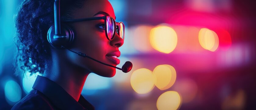 Vibrant urban call center dynamic female agent in high fidelity profile view