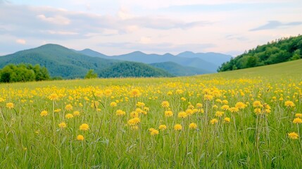 Fototapeta premium Scenic Meadow with Bright Yellow Dandelions and Rolling Mountains in Background During a Calm Summer Evening