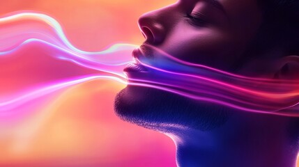 Obraz premium Abstract Portrait Person Exhaling Neon Light Waves Vibrant Colors Mystical Aura