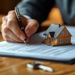 Hand Holding Pen Over Paper With House Model and Keys on Table